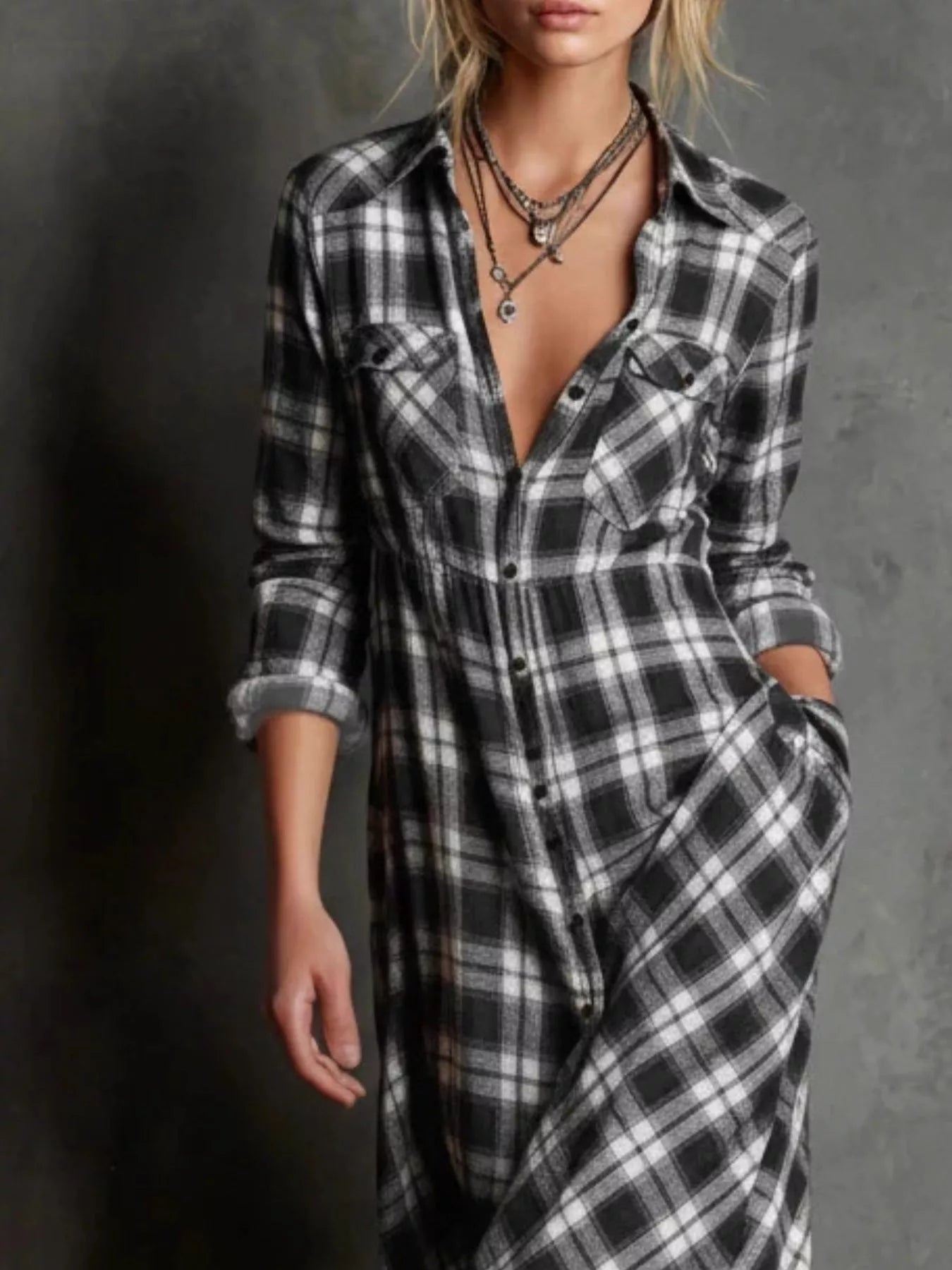 Hazel Blues® | Plaid Button-Down Maxi Dress