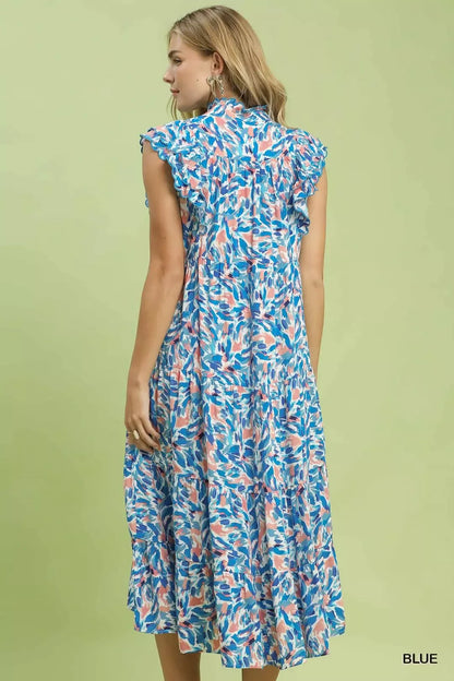 Hazel Blues® |  Umgee Leaf Print Midi Tiered Dress with Side Pockets