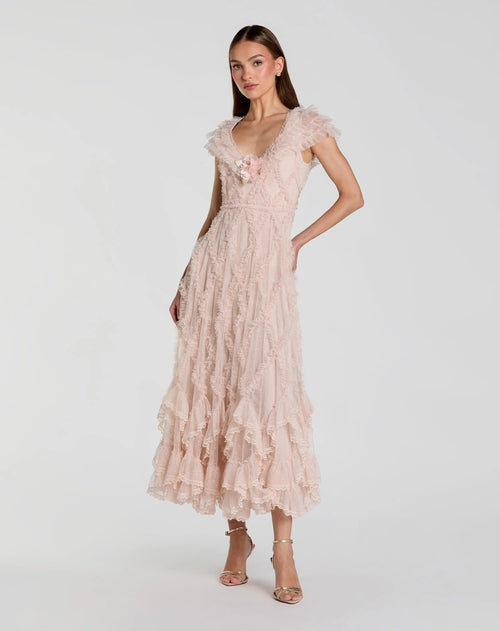 Pink Micro Ruffle Cap Sleeve A-Line Midi Dress
