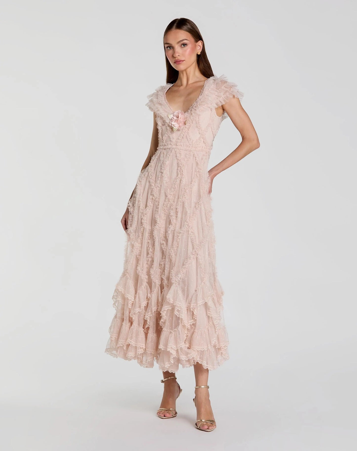 Pink Micro Ruffle Cap Sleeve A-Line Midi Dress
