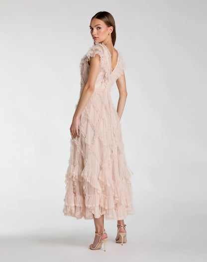 Pink Micro Ruffle Cap Sleeve A-Line Midi Dress