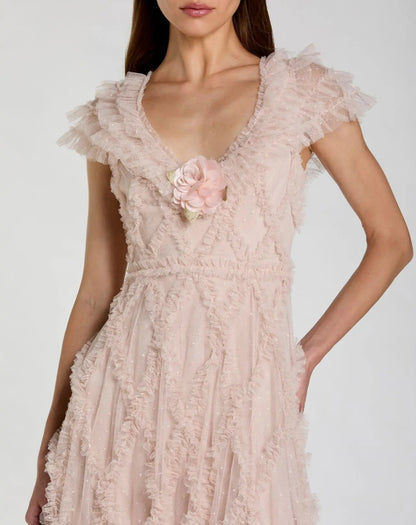 Pink Micro Ruffle Cap Sleeve A-Line Midi Dress