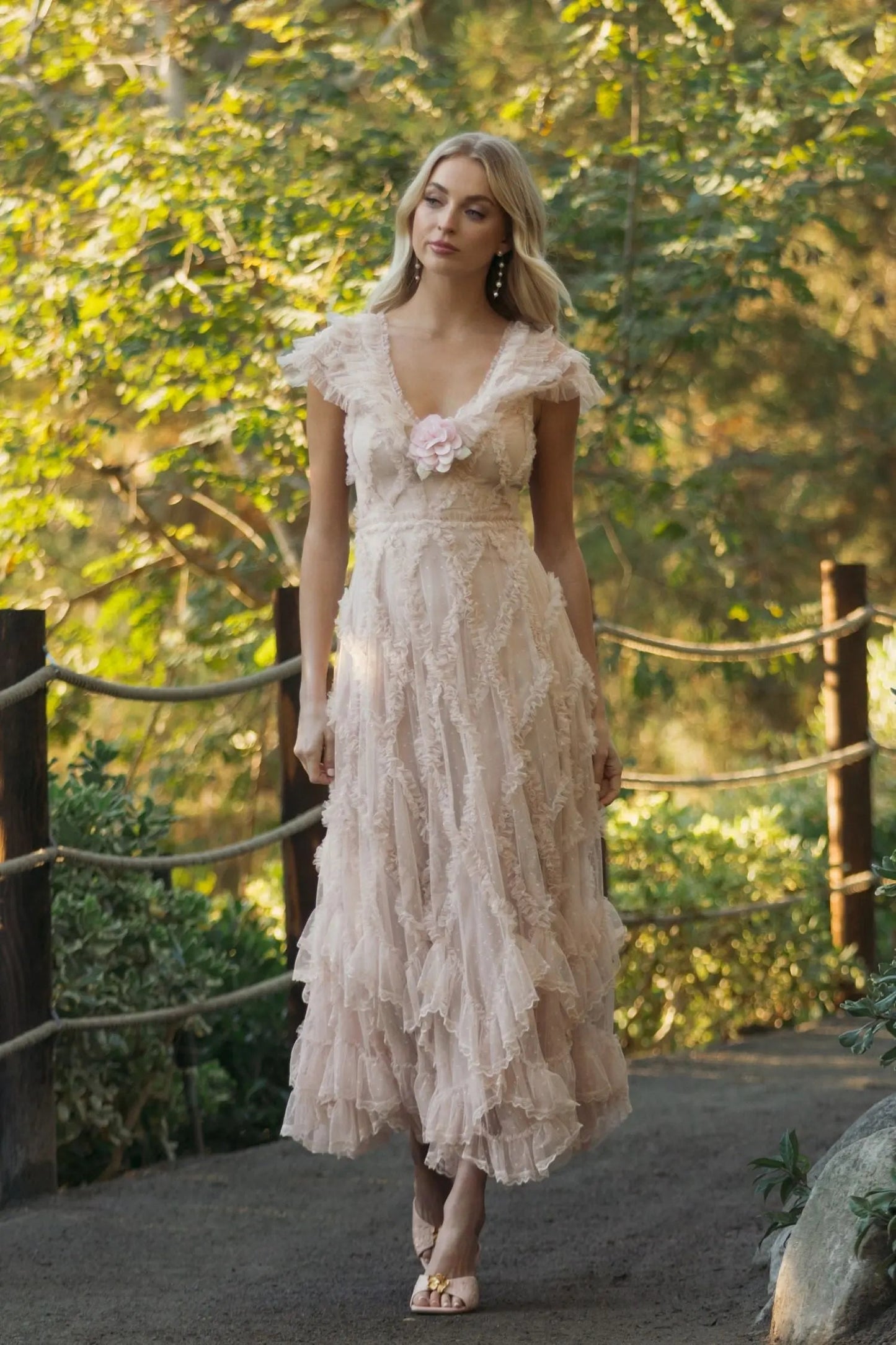Pink Micro Ruffle Cap Sleeve A-Line Midi Dress
