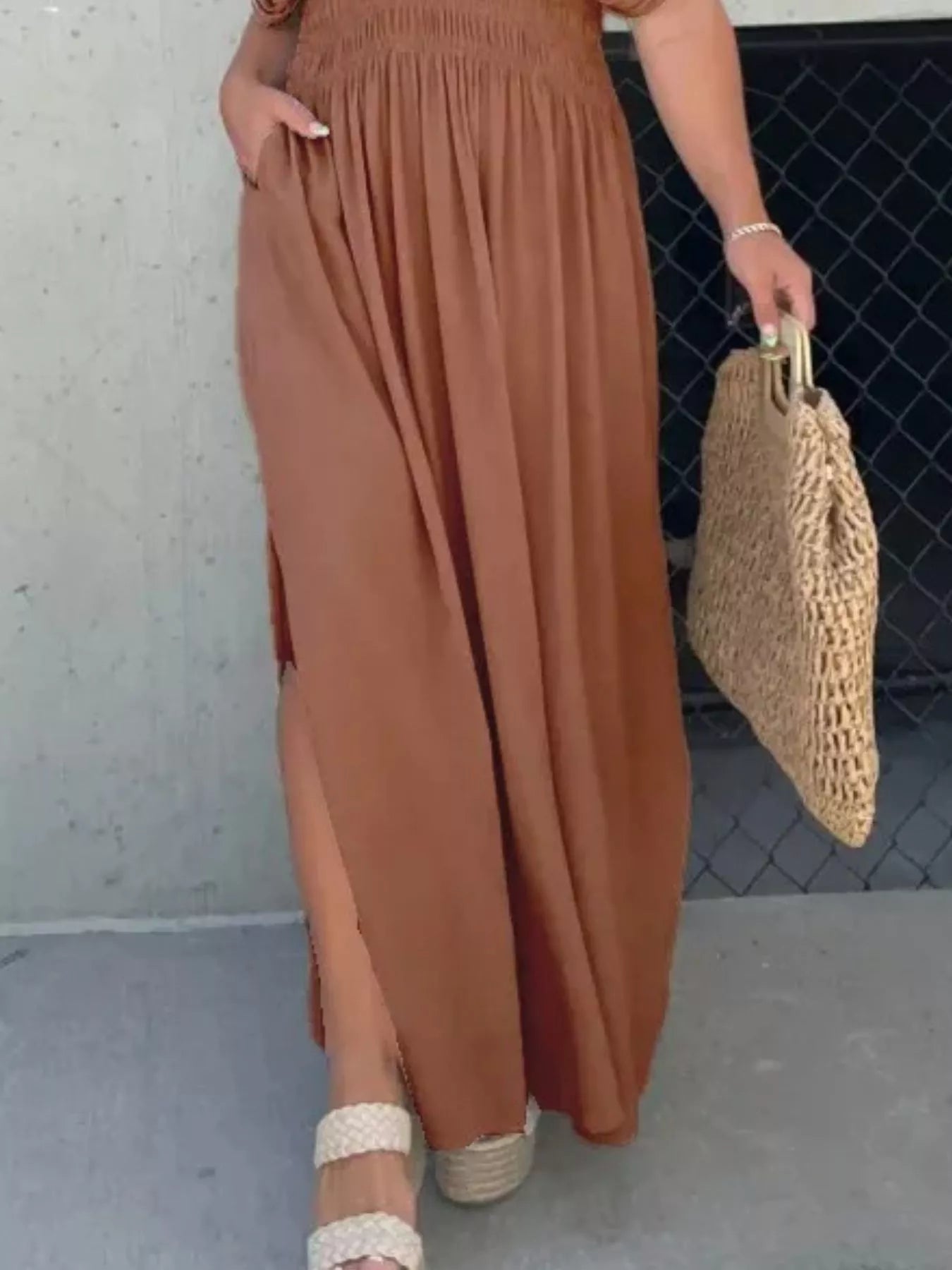 Hazel Blues® | Slit V-Neck Smocked Waist Maxi Dress