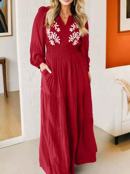 Hazel Blues® |  Contrast Embroidered Detail Cinched Waist Tiered Long Sleeve Maxi Dress