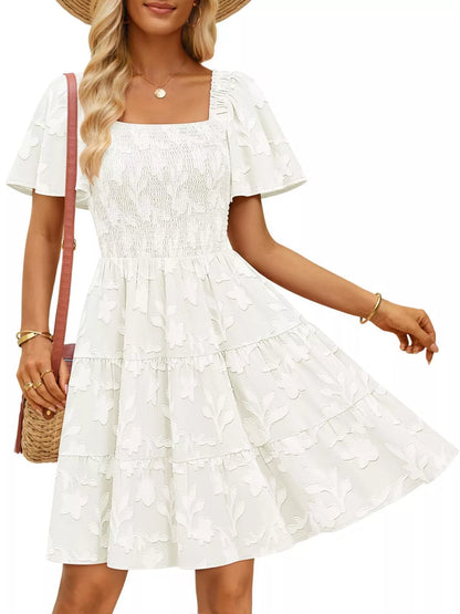Hazel Blues® |  Smocked Square Neck Tiered Mini Dress