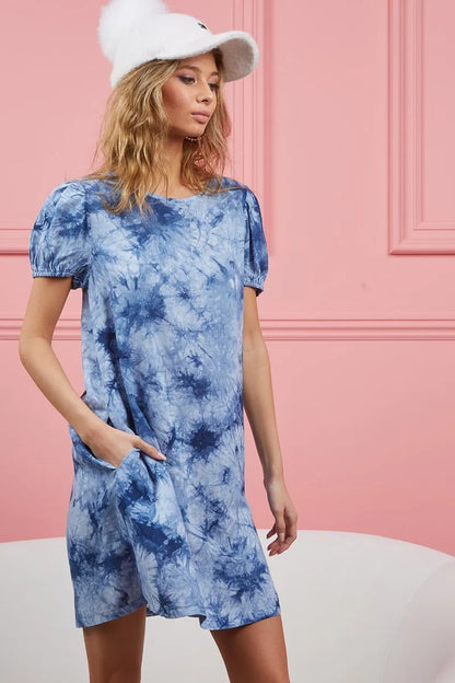 Hazel Blues® |  BiBi Puff Sleeve With Side Pockets Tie Dye Dress