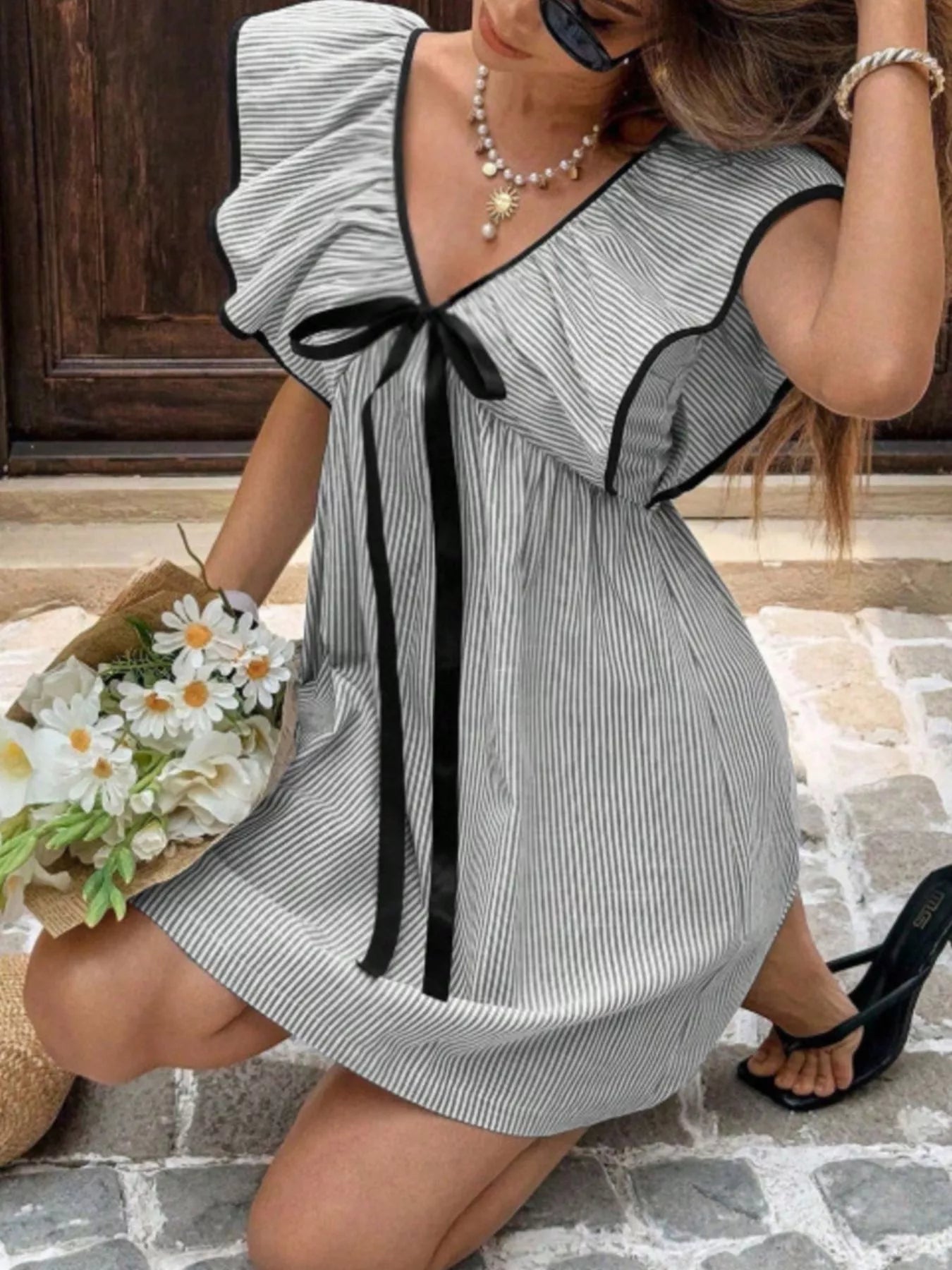Hazel Blues® |  Striped Ruffle Sleeve Mini Dress