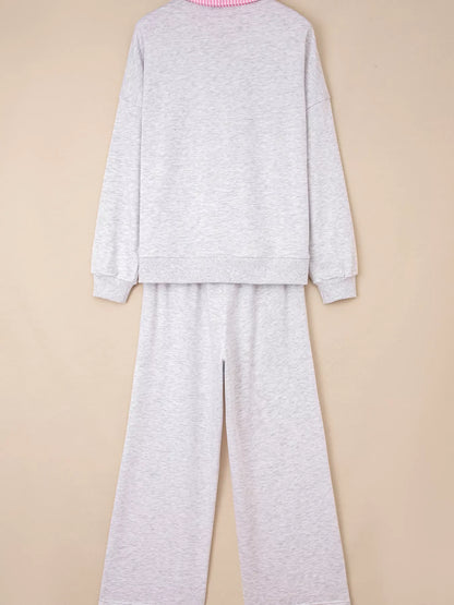 Hazel Blues® |  Contrasted Trim Frilled Collar Drop Shoulder Top and Drawstring Pant Set