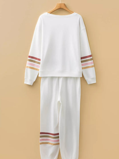 Hazel Blues® |  Striped Trim Round Neck Top and Pants Set