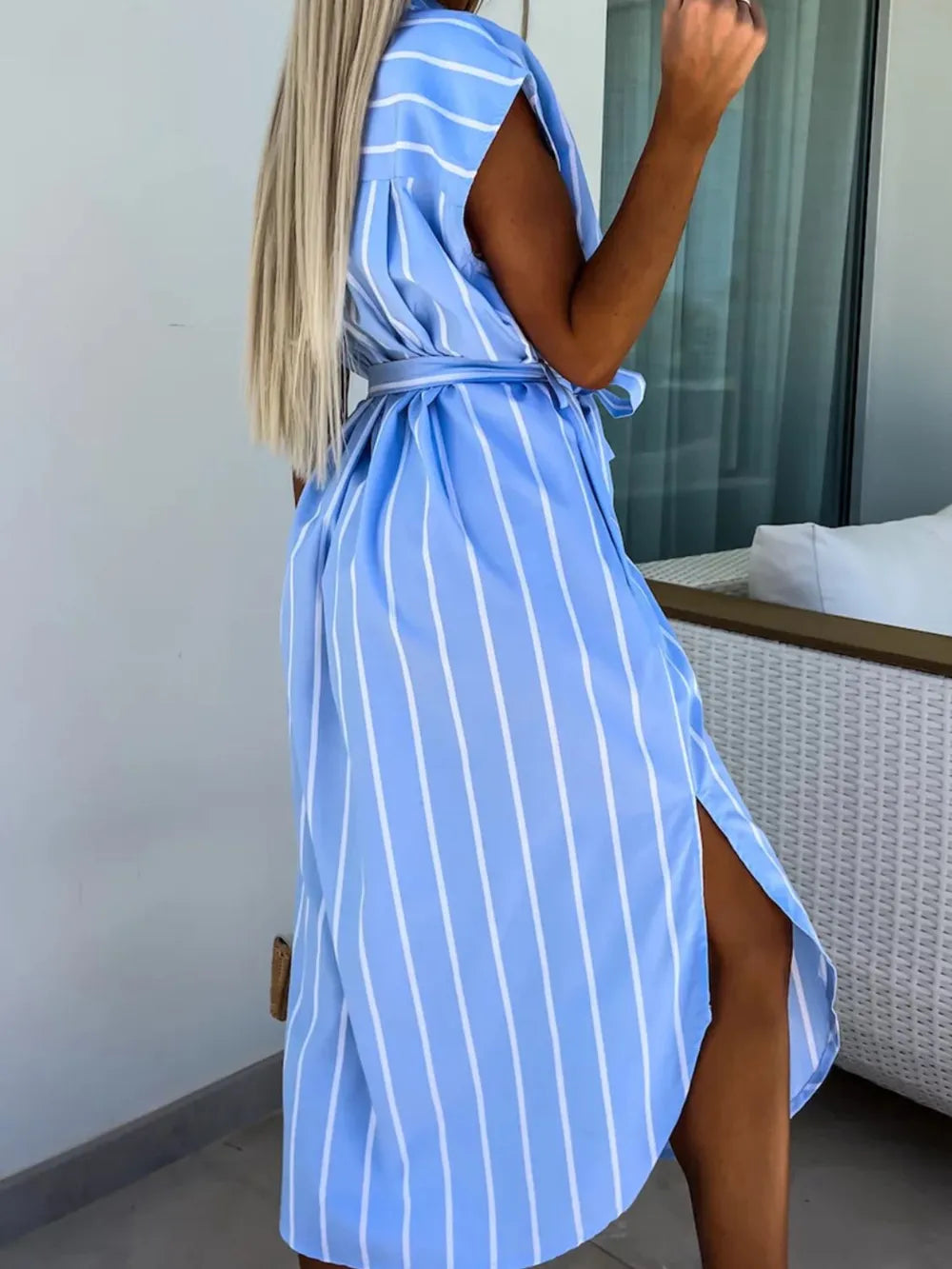 Hazel Blues® |  Striped Tie Waist Short Sleeve Dress