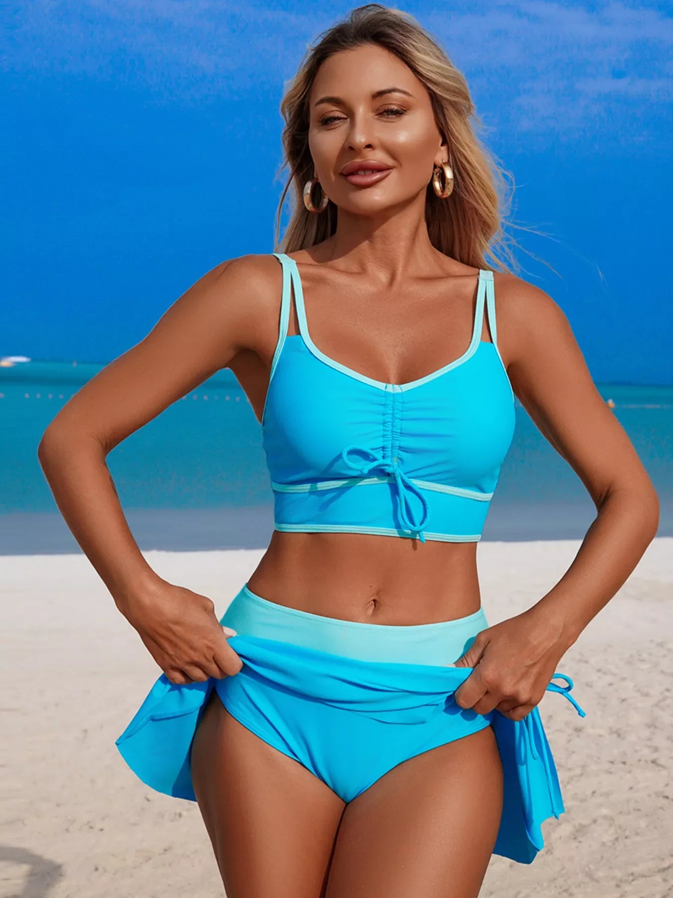 Hazel Blues® | Contrast Trim Drawstring Swim Set