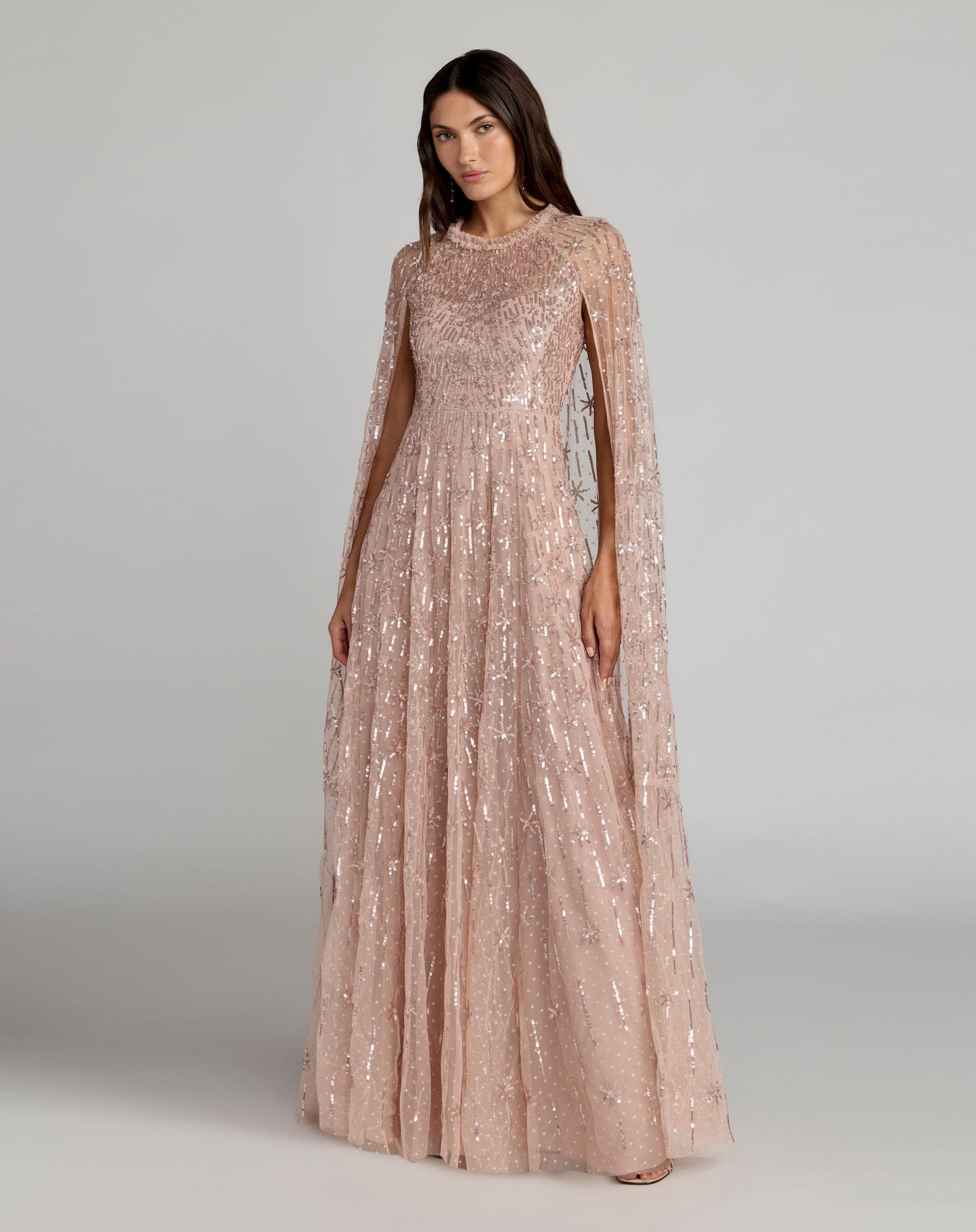 Pink Embellished High Neck Gown With Cape Sleeves