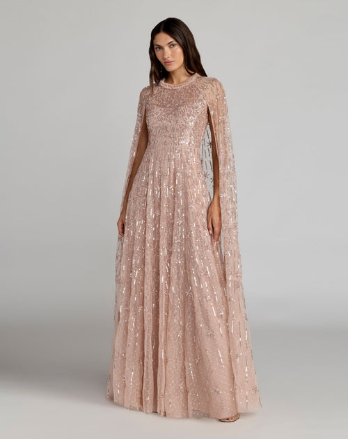 Pink Embellished High Neck Gown With Cape Sleeves