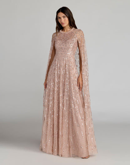 Pink Embellished High Neck Gown With Cape Sleeves