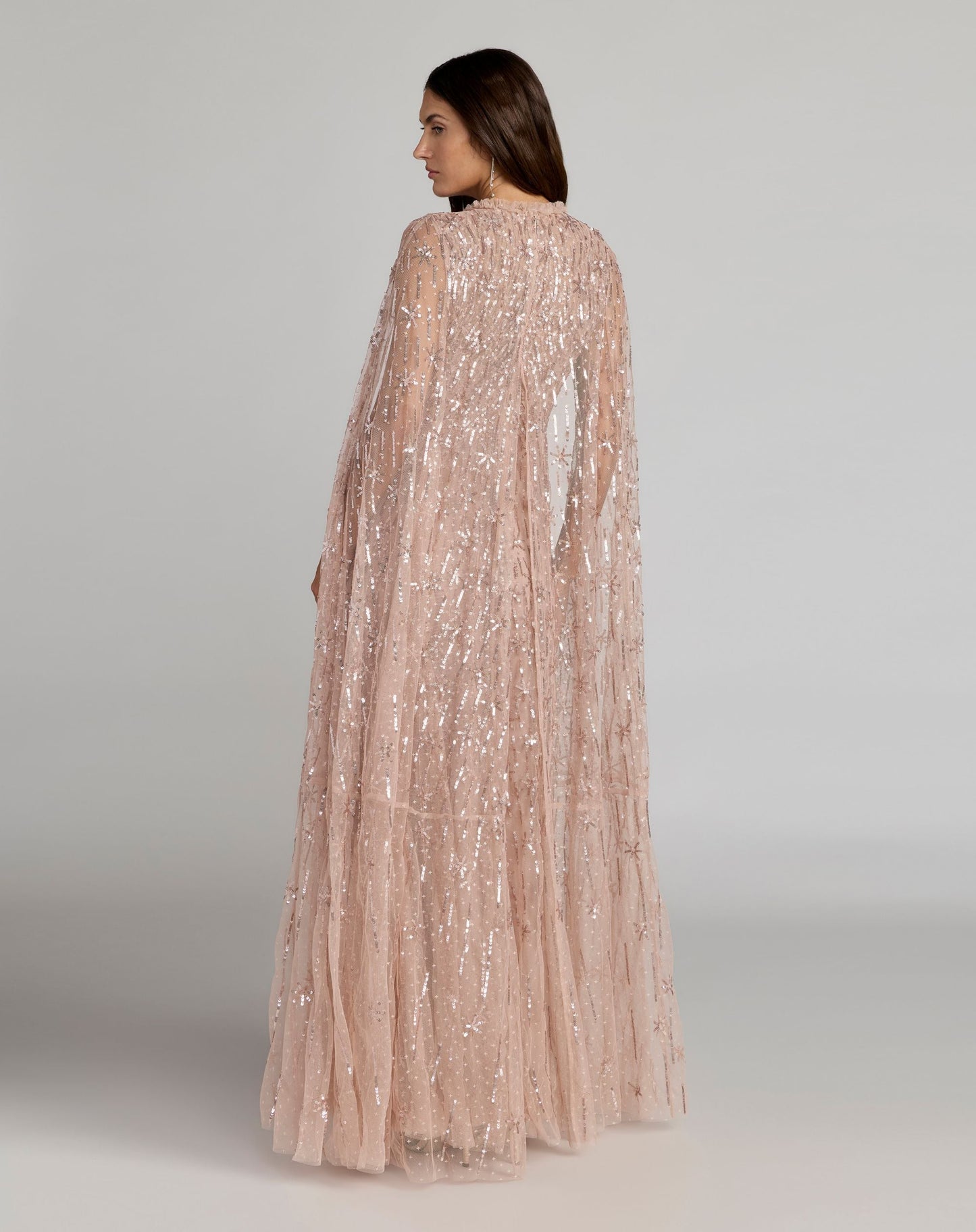 Pink Embellished High Neck Gown With Cape Sleeves
