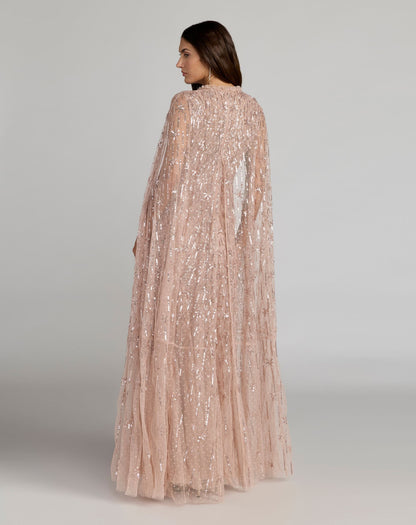 Pink Embellished High Neck Gown With Cape Sleeves