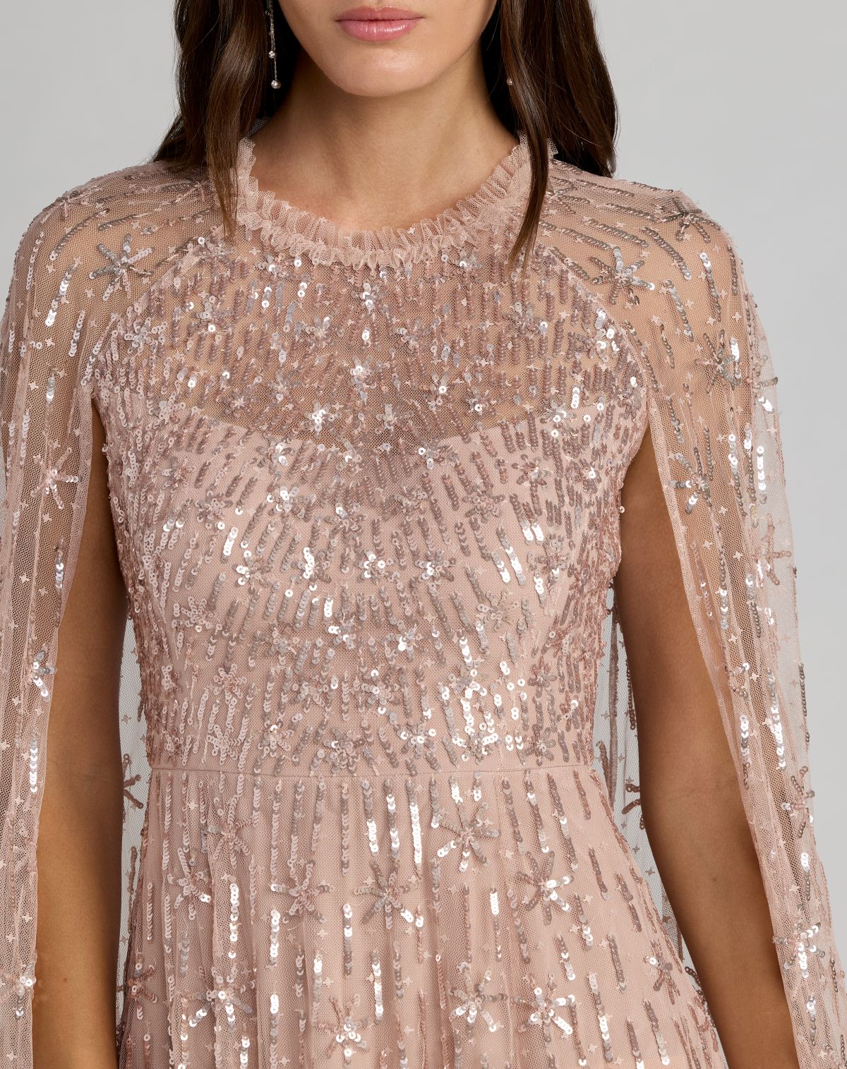 Pink Embellished High Neck Gown With Cape Sleeves