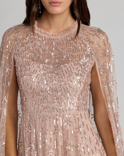 Pink Embellished High Neck Gown With Cape Sleeves