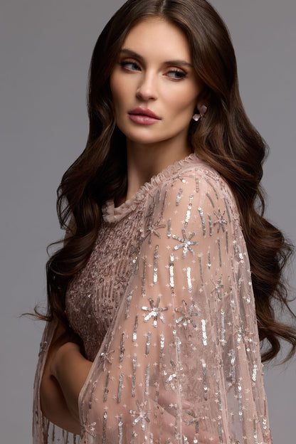 Pink Embellished High Neck Gown With Cape Sleeves