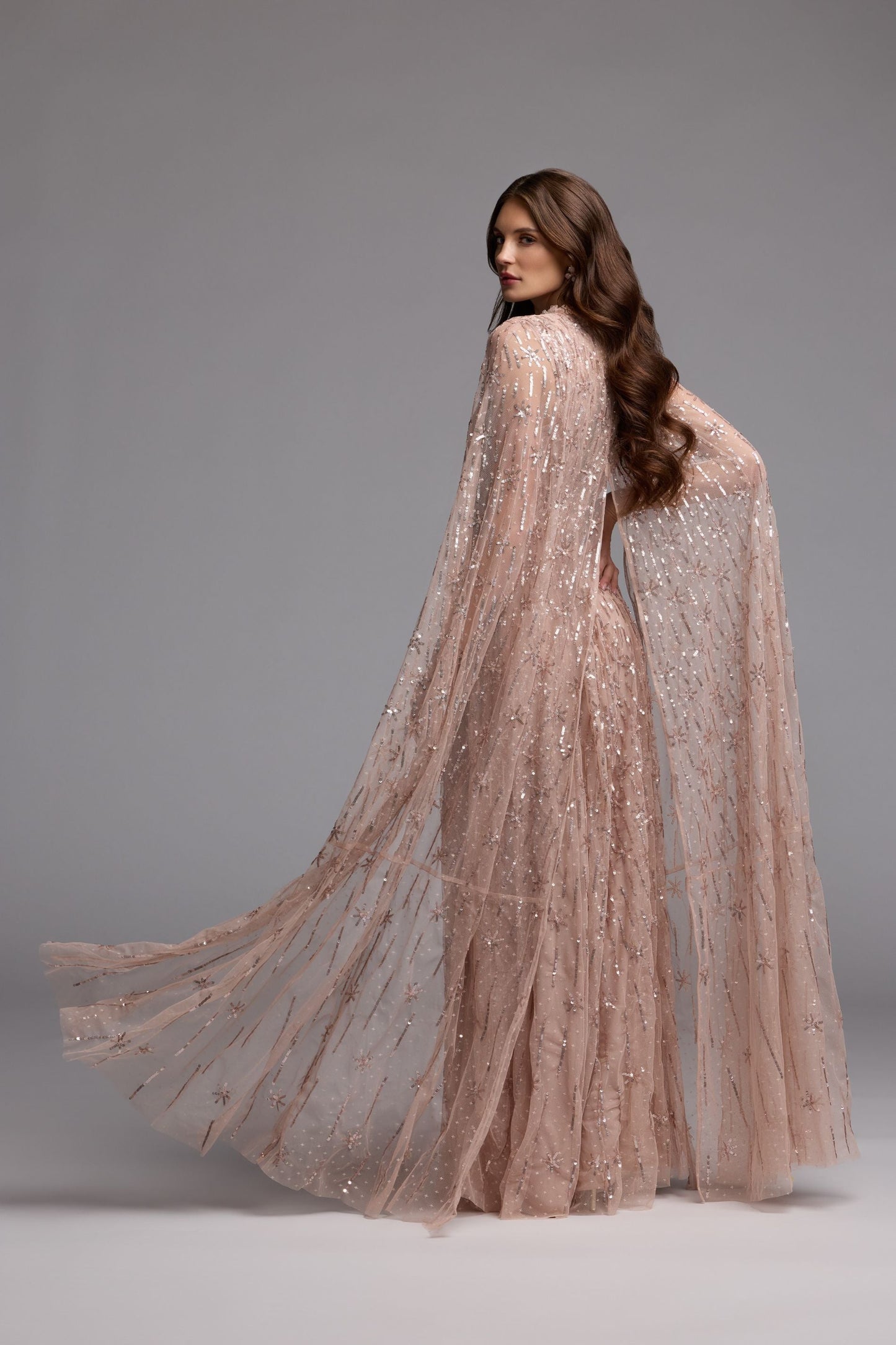 Pink Embellished High Neck Gown With Cape Sleeves