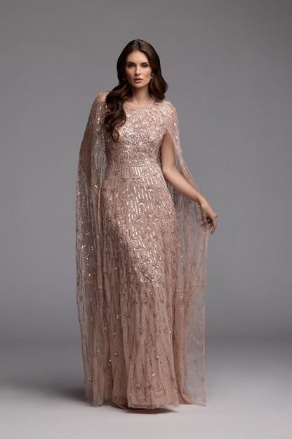 Pink Embellished High Neck Gown With Cape Sleeves