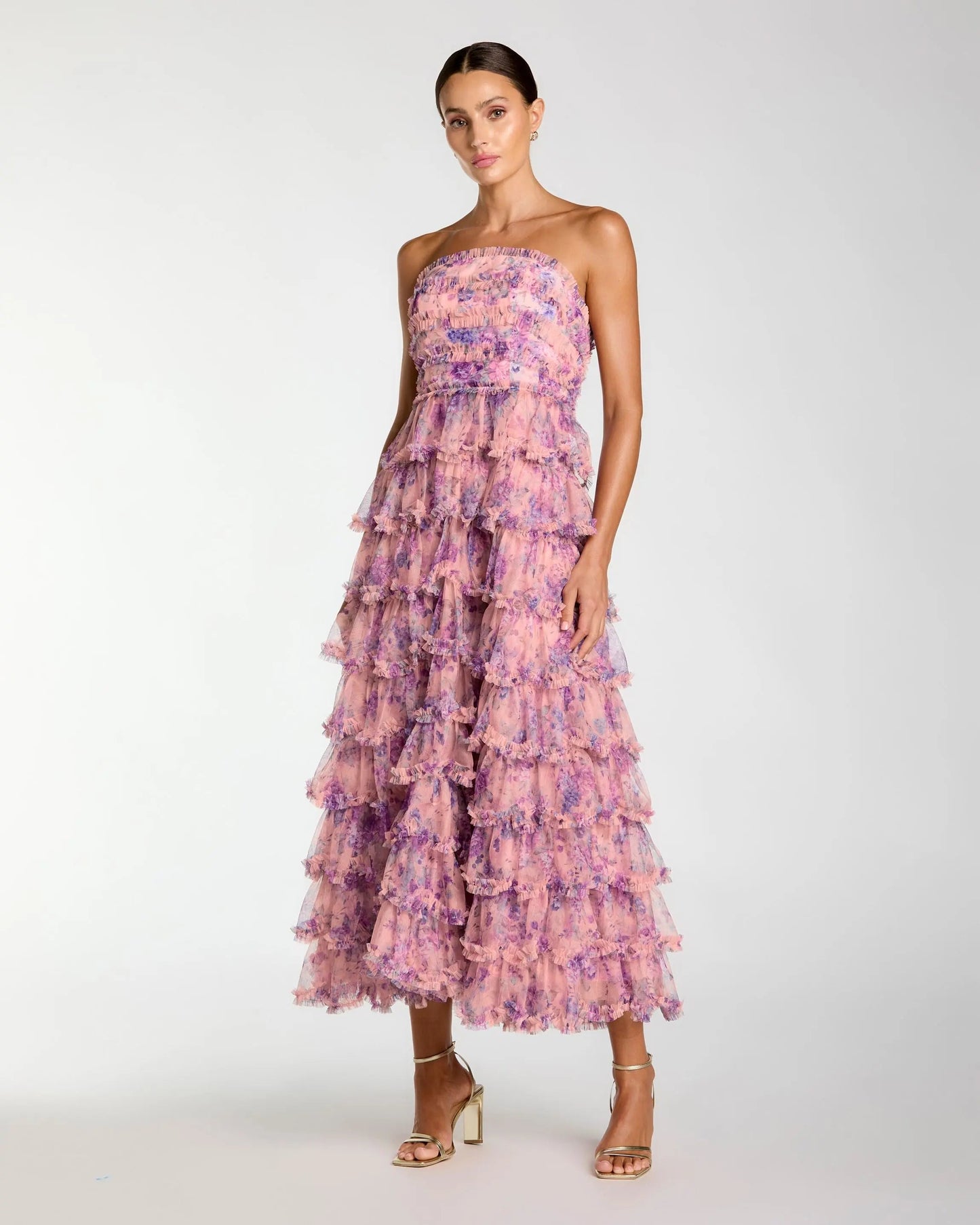 Pink Floral Ruffle Tiered Strapless Midi Dress