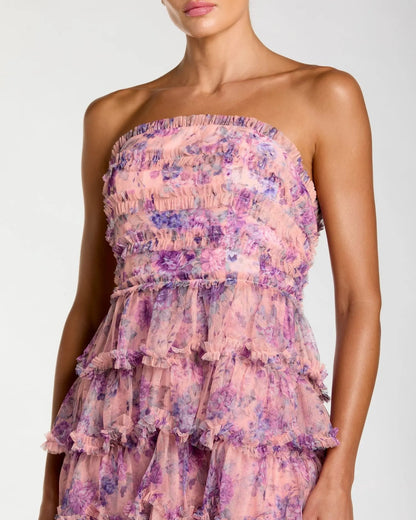 Pink Floral Ruffle Tiered Strapless Midi Dress