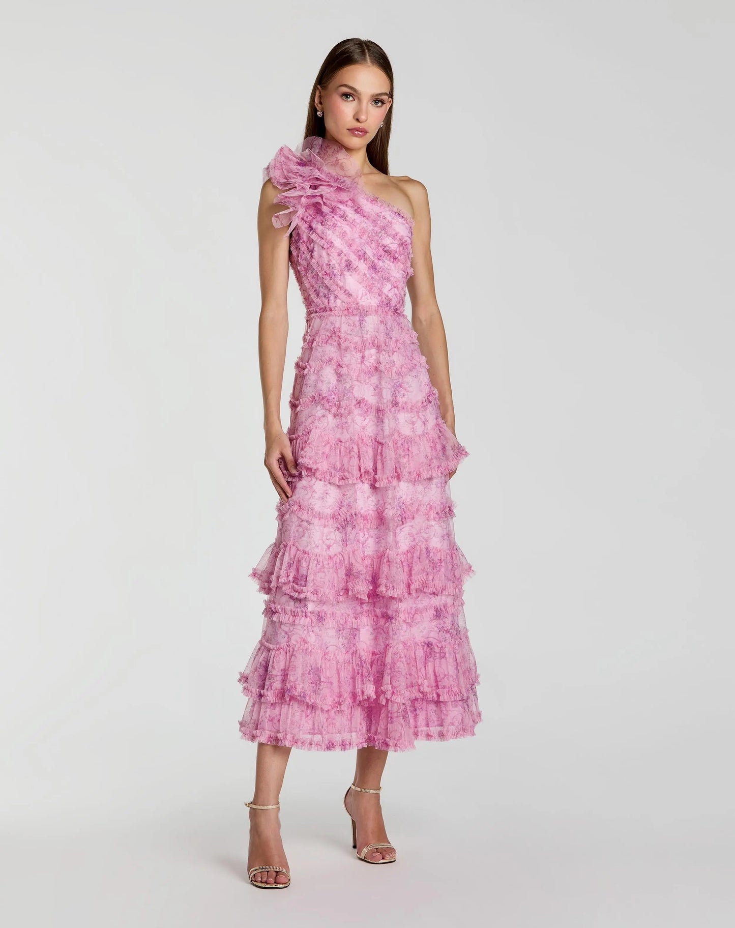 Pink Printed One Shoulder Ruffled A Line Midi Dress