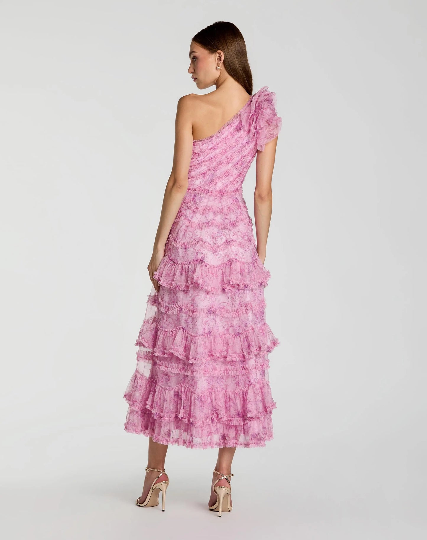 Pink Printed One Shoulder Ruffled A Line Midi Dress