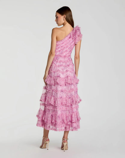 Pink Printed One Shoulder Ruffled A Line Midi Dress