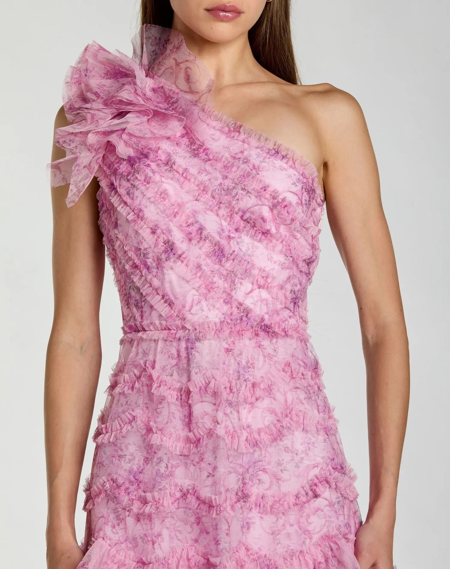Pink Printed One Shoulder Ruffled A Line Midi Dress
