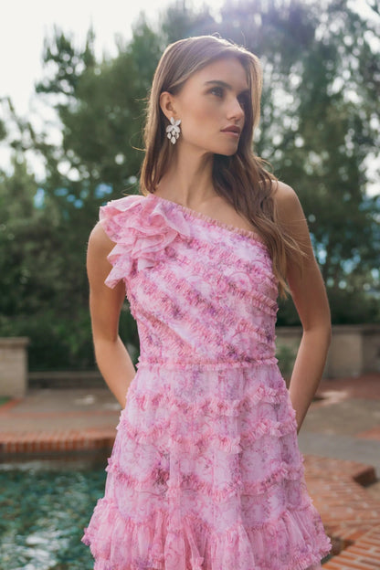 Pink Printed One Shoulder Ruffled A Line Midi Dress