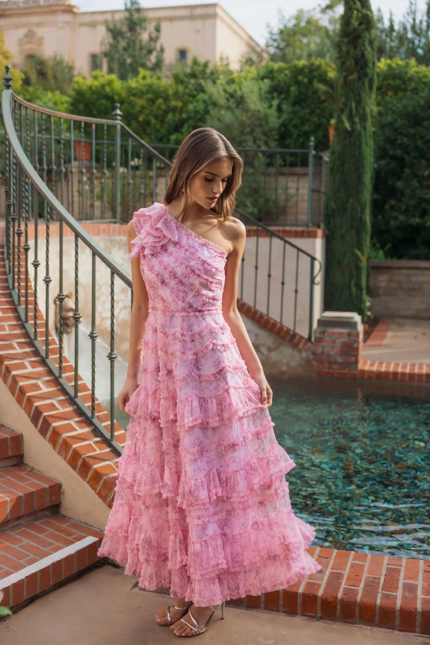 Pink Printed One Shoulder Ruffled A Line Midi Dress