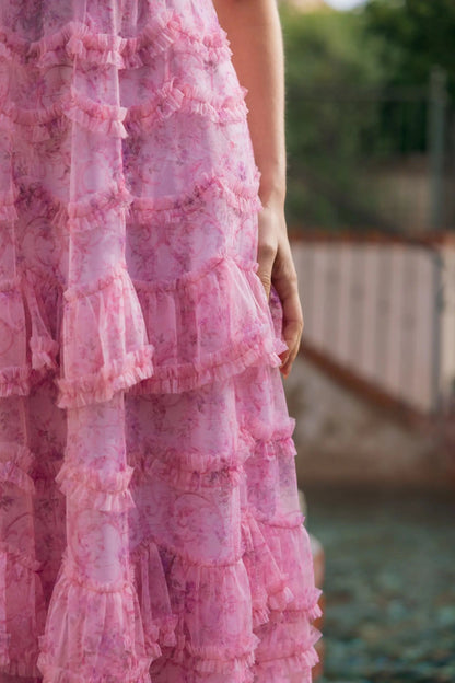 Pink Printed One Shoulder Ruffled A Line Midi Dress