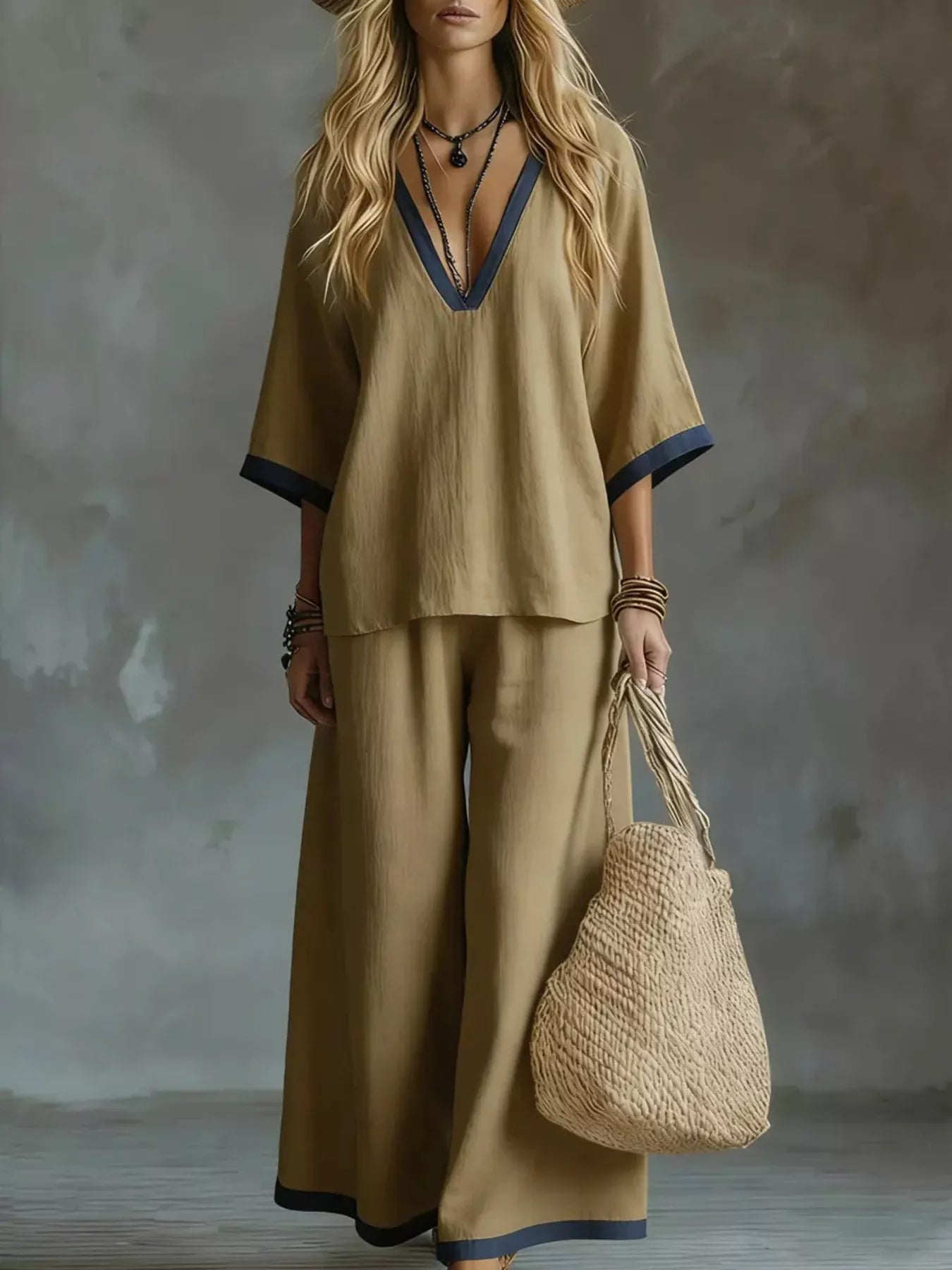 Hazel Blues® |  Contrast Trim V-Neck Top and Pants Set