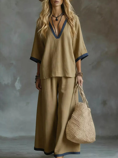 Hazel Blues® |  Contrast Trim V-Neck Top and Pants Set