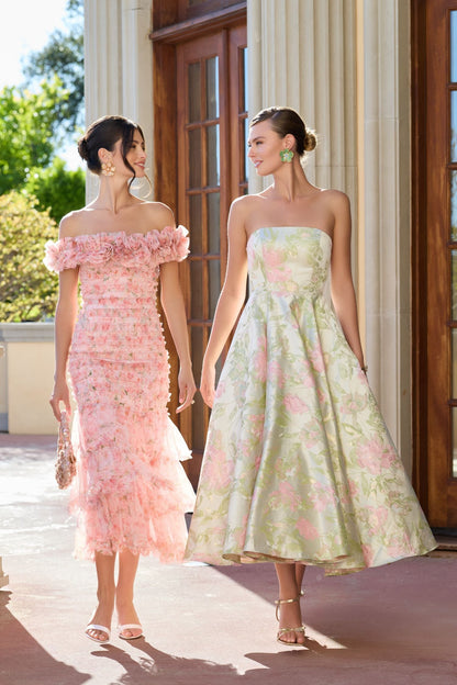 Pink Floral Off The Shoulder Ruffle Midi Dress