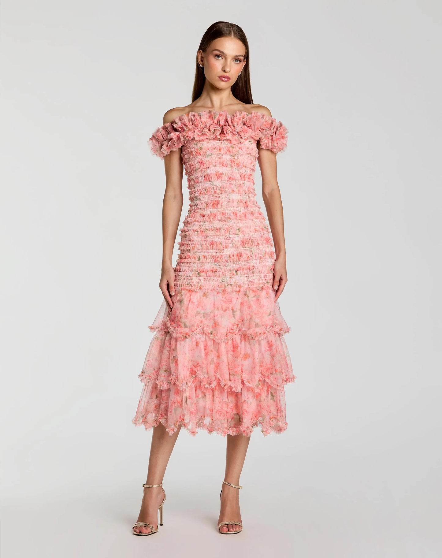 Pink Floral Off The Shoulder Ruffle Midi Dress