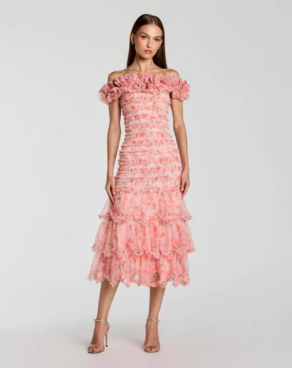 Pink Floral Off The Shoulder Ruffle Midi Dress