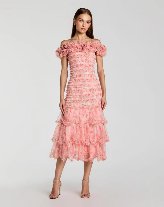 Pink Floral Off The Shoulder Ruffle Midi Dress