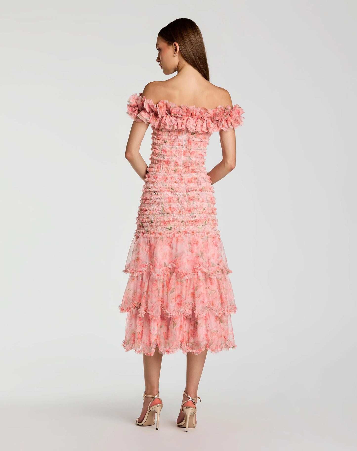 Pink Floral Off The Shoulder Ruffle Midi Dress