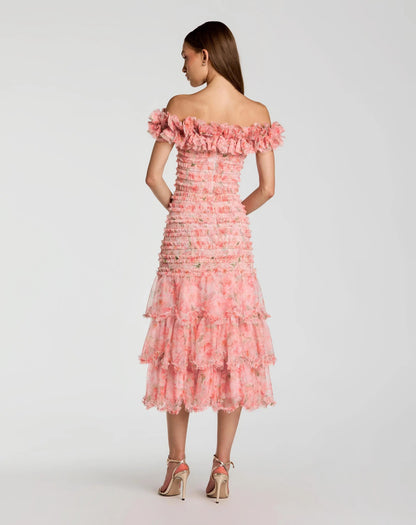 Pink Floral Off The Shoulder Ruffle Midi Dress