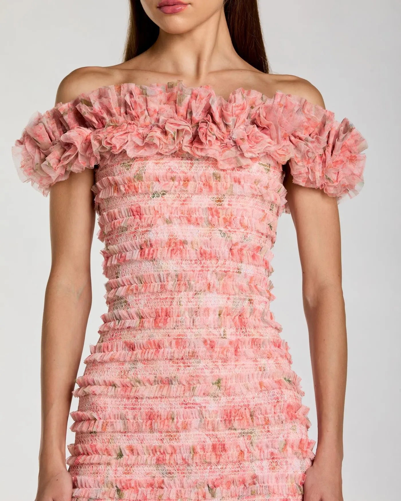 Pink Floral Off The Shoulder Ruffle Midi Dress