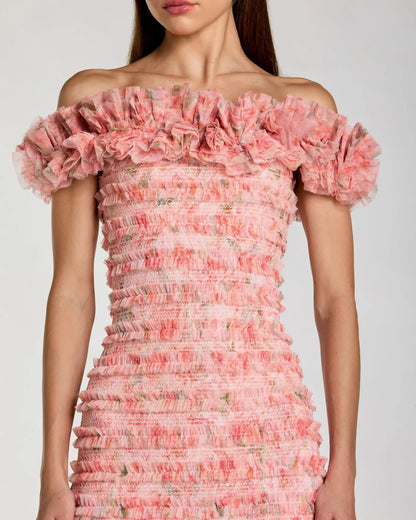 Pink Floral Off The Shoulder Ruffle Midi Dress