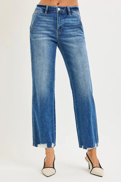 Hazel Blues® |  RISEN High Rise Ankle Straight Distressed Hem Detail Jeans