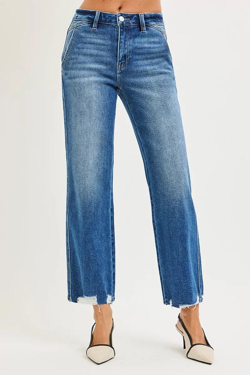 Hazel Blues® |  RISEN High Rise Ankle Straight Distressed Hem Detail Jeans