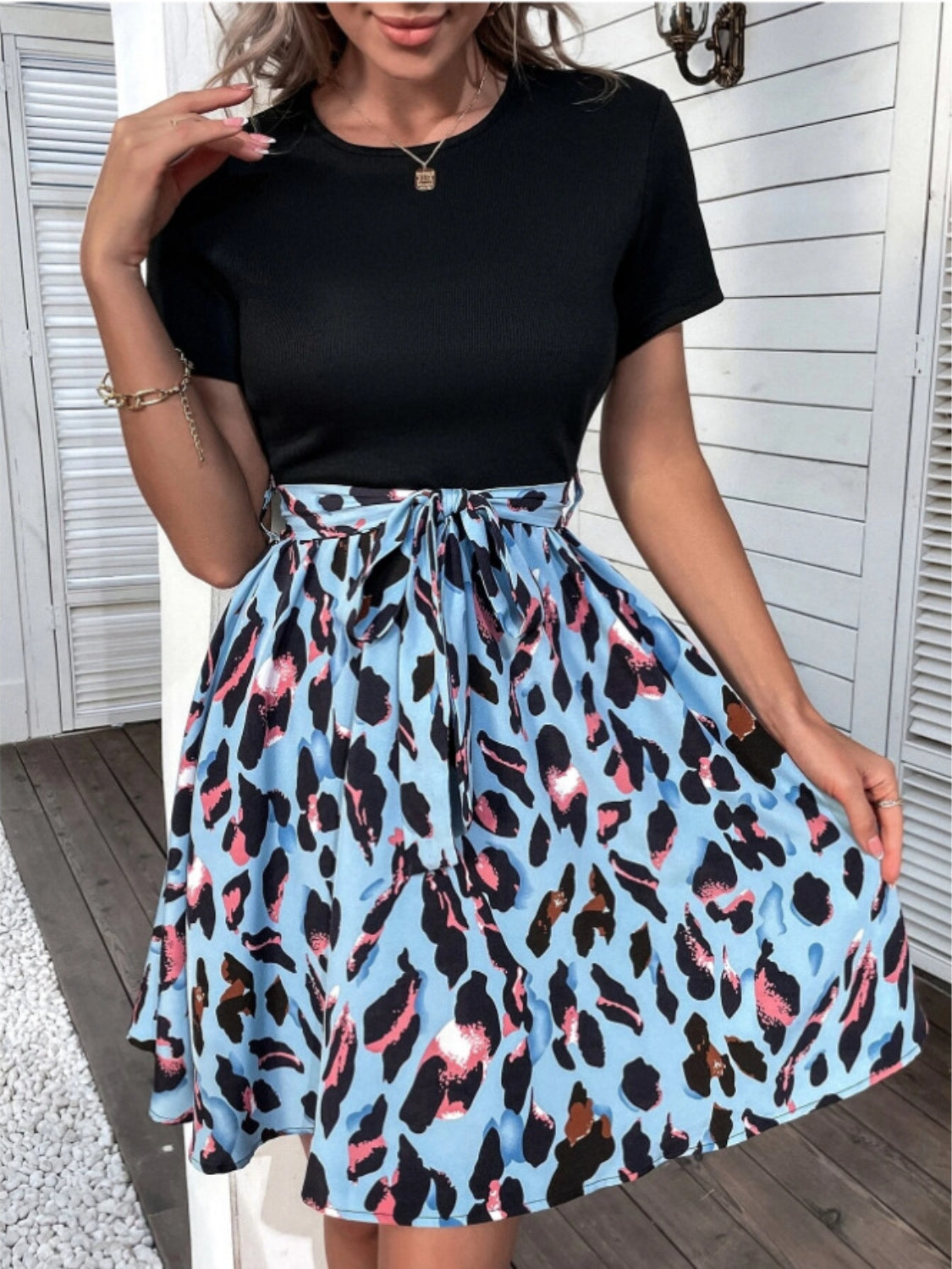 Hazel Blues® |  Tied Front Contrast Leopard Short Sleeve Mini Dress