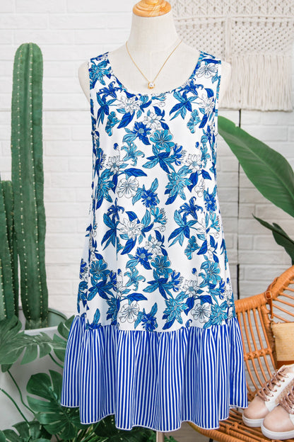 Hazel Blues® |  Sky Blue Floral Print U Neck Sleeveless Striped Ruffle Hem Patchwork Dress