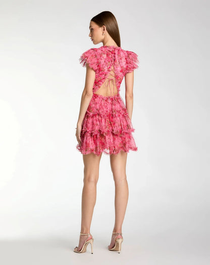 Pink Floral High Neck Cap Sleeve Ruffle Mini Dress
